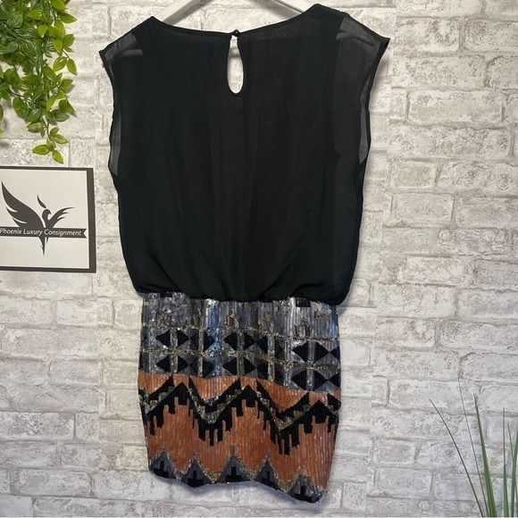 AS U WISH Black Sheer Sequin Gold Silver Aztec Geometric Mini Dress Size Medium - Picture 2 of 9